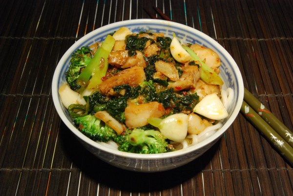 Fisch asiatisch mit Broccoli, Lauchzwiebeln, Knoblauch und Spinat auf Chinanudeln