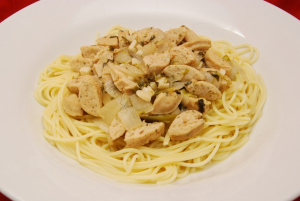 Weißwurst in Weißwein-Sauce mit Spaghetti