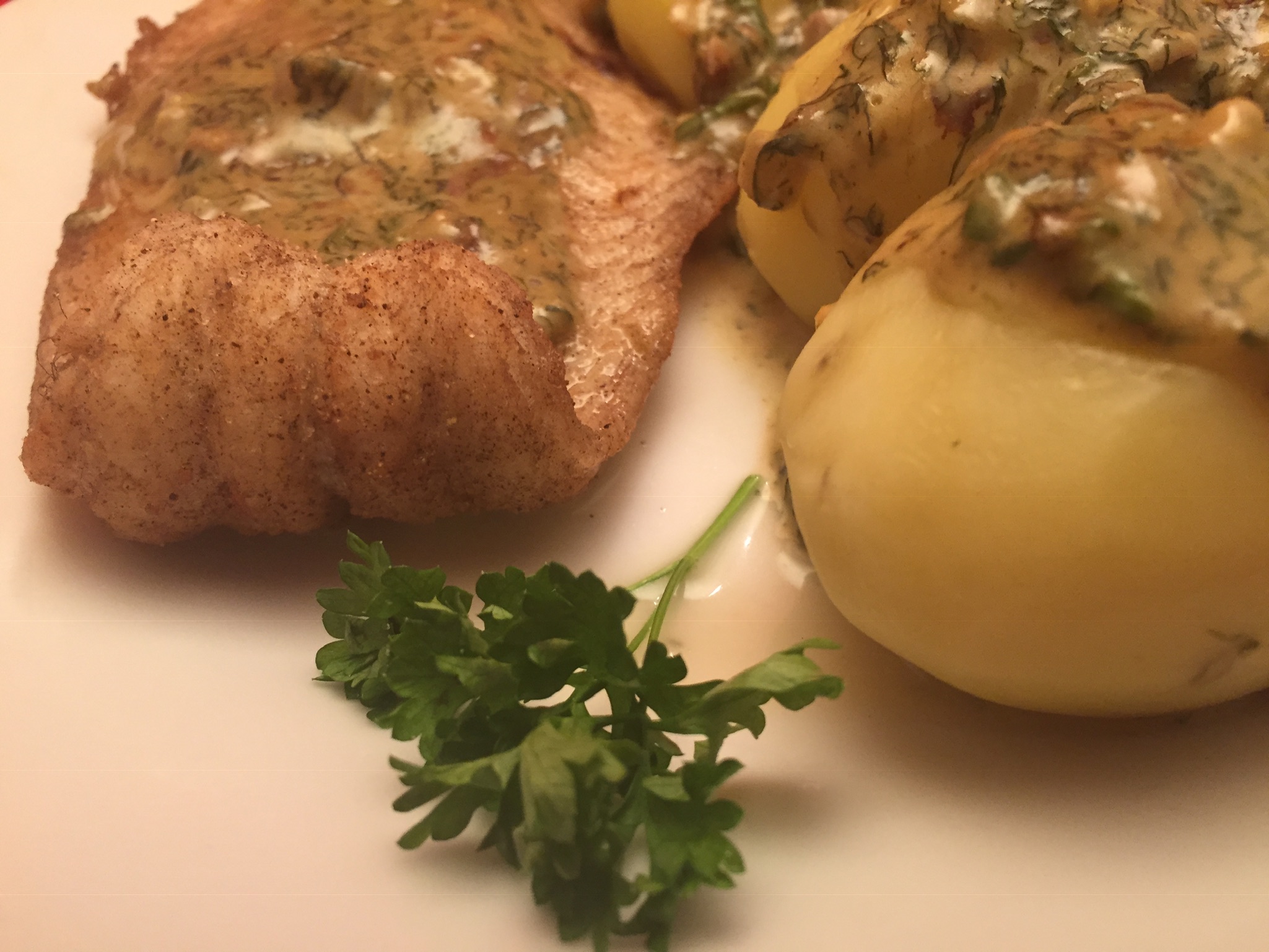 Frittiertes Welsfilet mit Salzkartoffeln in Sahne-Dill-Sauce