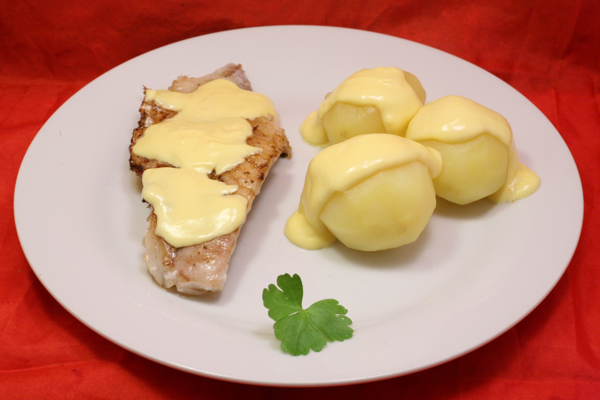 Gegrillte Rotbarsch-Filets mit Salzkartoffeln und Sauce Hollandaise